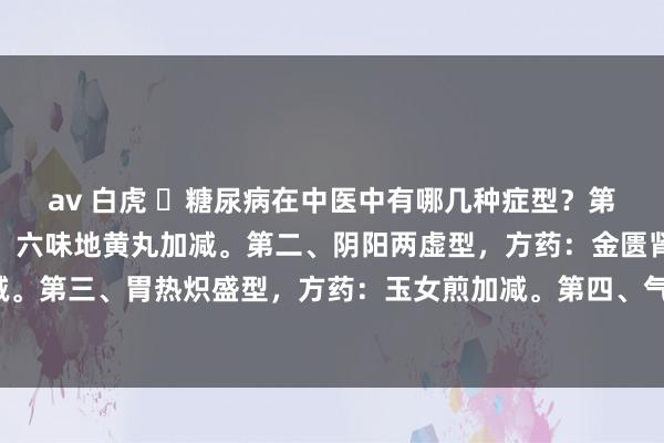 av 白虎 ​糖尿病在中医中有哪几种症型？第一、肾阴亏虚型，方药：六味地黄丸加减。第二、阴阳两虚型，方药：金匮肾气丸加减。第三、胃热炽盛型，方药：玉女煎加减。第四、气阴亏虚型，方药：七味白术散加减。